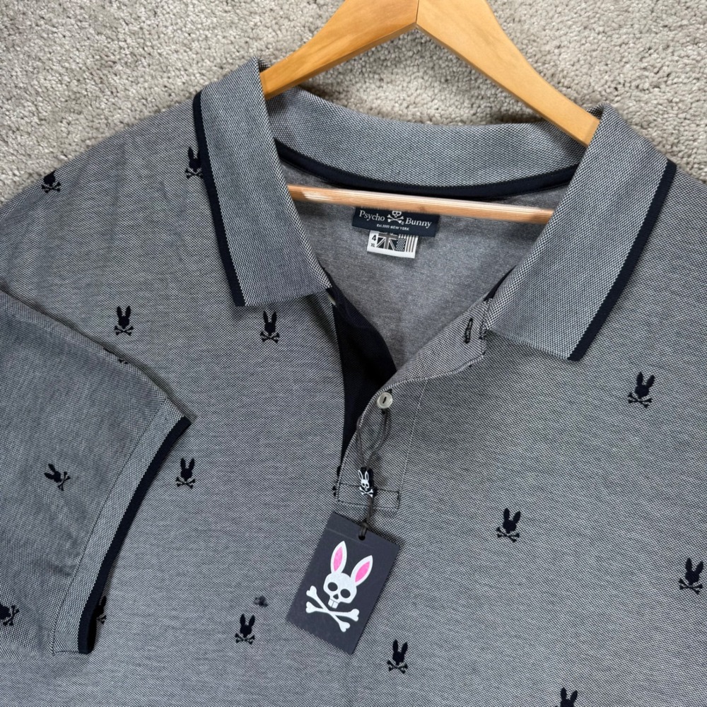 NWT Psycho Bunny Men's 4XL Grey Pima Cotton All Over Logo Polo Shirt READ